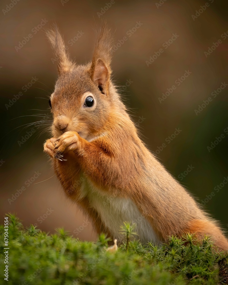 Obraz premium Vertical closeup shot of a brown squirrel chewing on something on a field