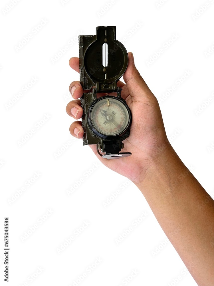 Person's hand holding a compass on white background. Person's hand holding a compass on white background.