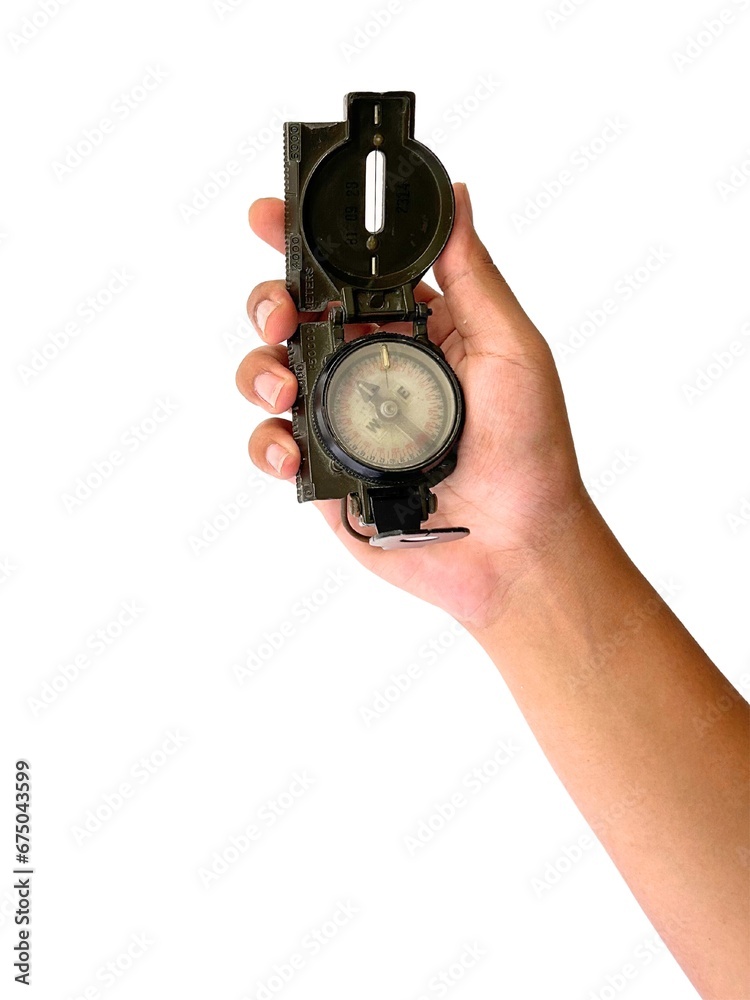 Person's hand holding a compass on white background. Person's hand holding a compass on white background.
