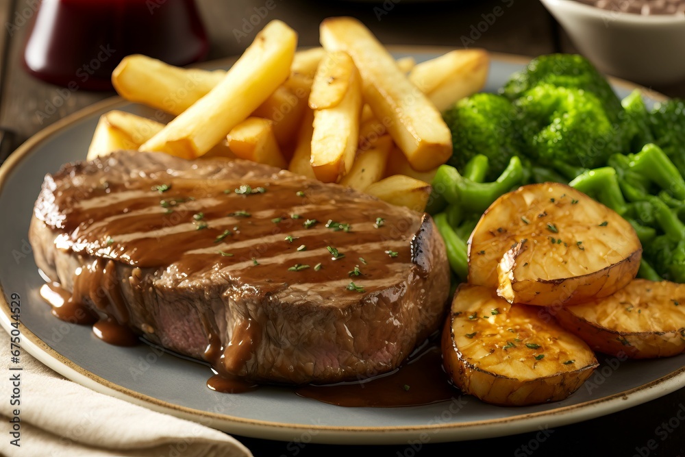 AI generated illustration of steak and fried potatoes with veggies AI generated illustration of steak and fried potatoes with veggies