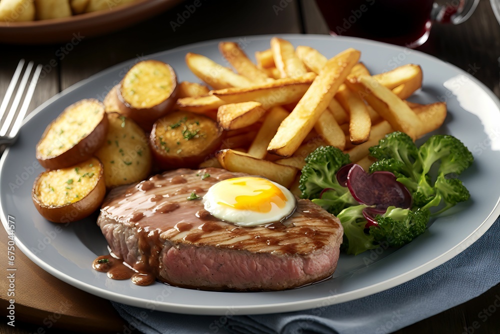 AI generated illustration of steak and baked potatoes with veggies AI generated illustration of steak and baked potatoes with veggies