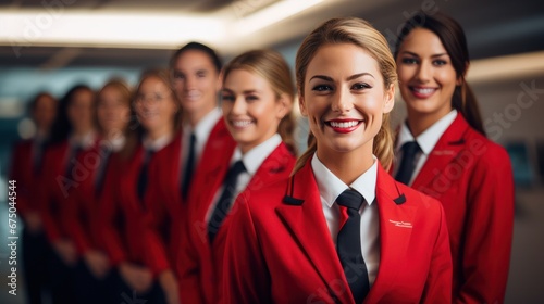 Smiling Group of flight attendant in uniform look friendly at airport , pleasant service for airline passengers
