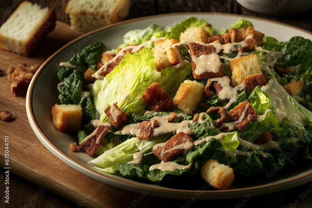 AI generated illustration of caesar salad lunch meal - obrazy, fototapety, plakaty 