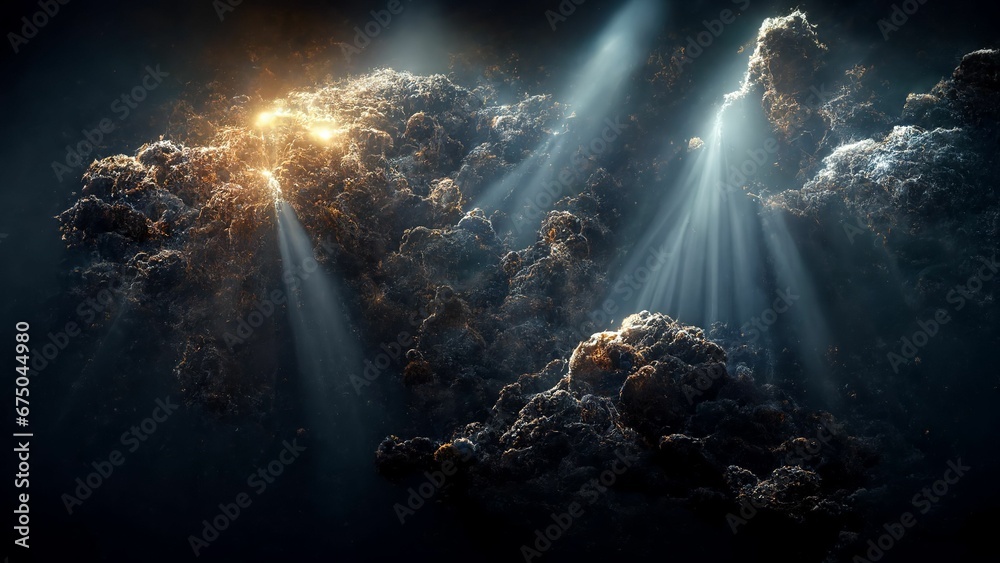 Dramatic illustration of sun rays coming behind the dark clouds - great for a wallpaper - obrazy, fototapety, plakaty 