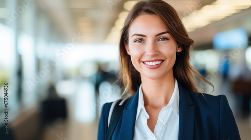 Smiling Young businesswoman at airport, business trip, corporate and people concept