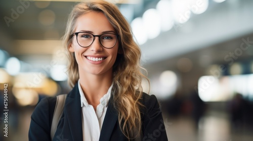 Smiling Young businesswoman at airport, business trip, corporate and people concept