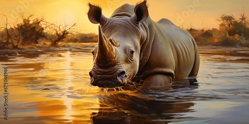 painting of a rhino with head out of water, in the style of naturalistic landscape background, generative AI