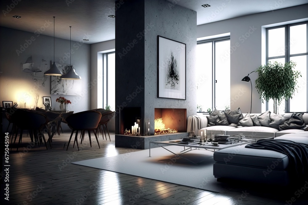 AI generated illustration of a modern style living room with fireplace ...