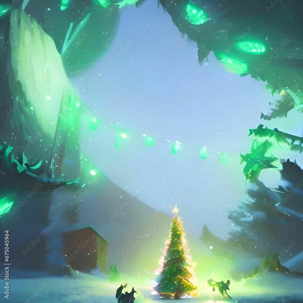 AI generated view of a beautifully decorated Christmas in snowy landscape AI generated view of a beautifully decorated Christmas in snowy landscape