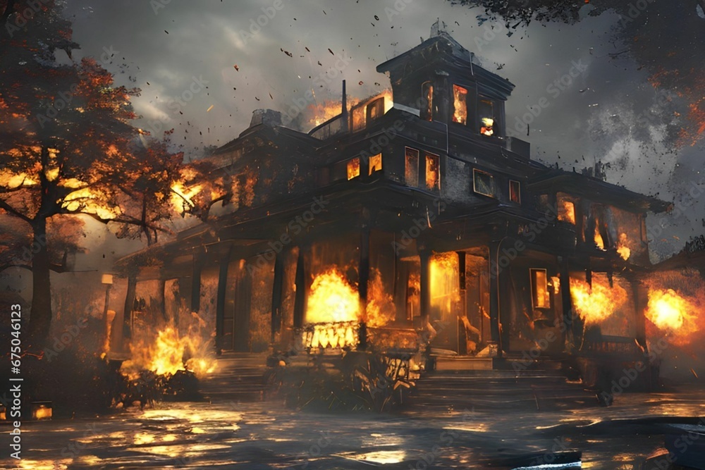 AI-generated illustration of a massive horror house being burnt at night drawn from a low angle AI-generated illustration of a massive horror house being burnt at night drawn from a low angle