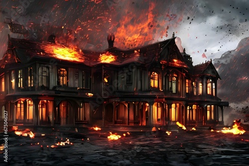 AI-generated illustration of two floored massive dark house being on fire at night of the disaster © Wirestock