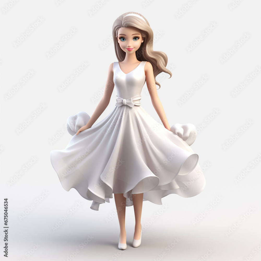 A charming 3D cartoon character of a girl strikes an adorable and graceful pose against a clean white backdrop. Generative AI.