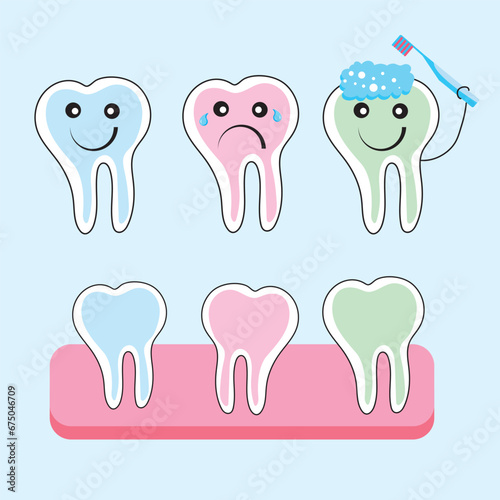 Illustration of a human teeth using a toothbrush and toothpaste to brush themselves