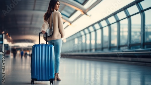Female traveler walking with travel bag alone at airport, Holiday and travel trip