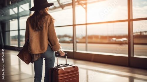 Female traveler walking with travel bag alone at airport, Holiday and travel trip photo