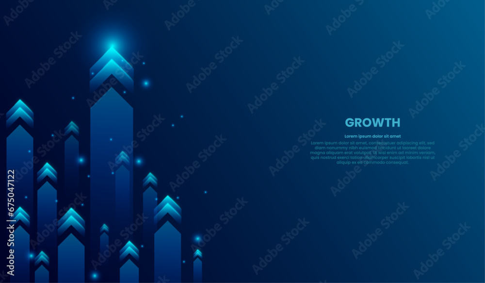 Growth Up arrows in blue futuristic style on dark technology background with glowing dots or stars - obrazy, fototapety, plakaty 