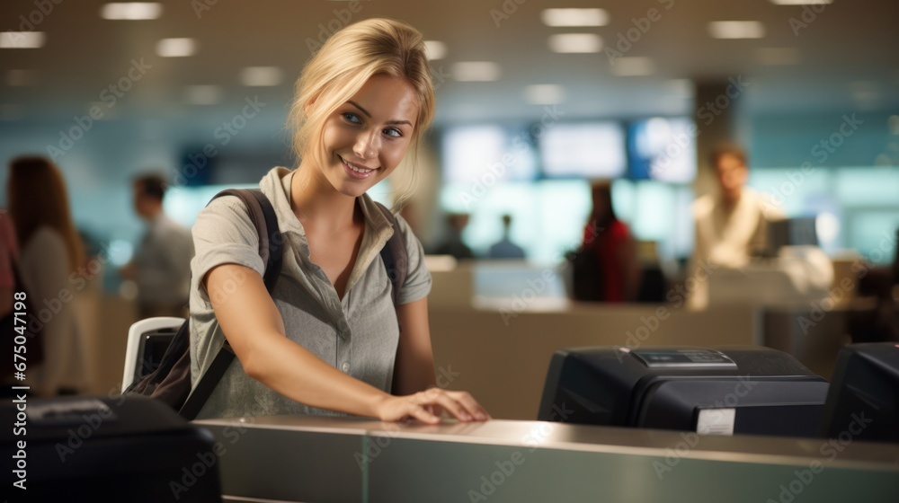 Female traveler and baggage check-in counters at airport Female traveler and baggage check-in counters at airport