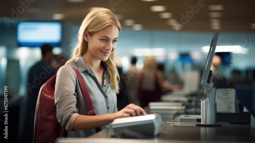 Female traveler and baggage check-in counters at airport photo