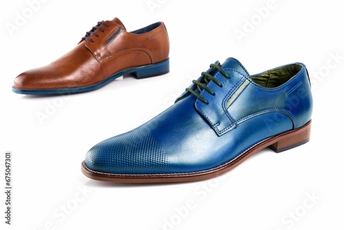 Male red and blue leather shoes on white background, isolated product.