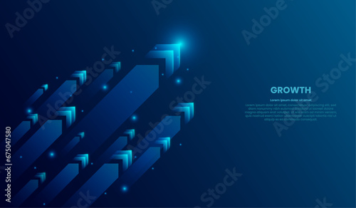 Diagonal stream of growth Up arrows in blue futuristic style on dark technology background with glowing dots or stars