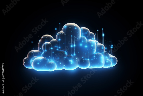 3d rendering concept cloud computing illustration. Light blue neon cloud icon on dark background