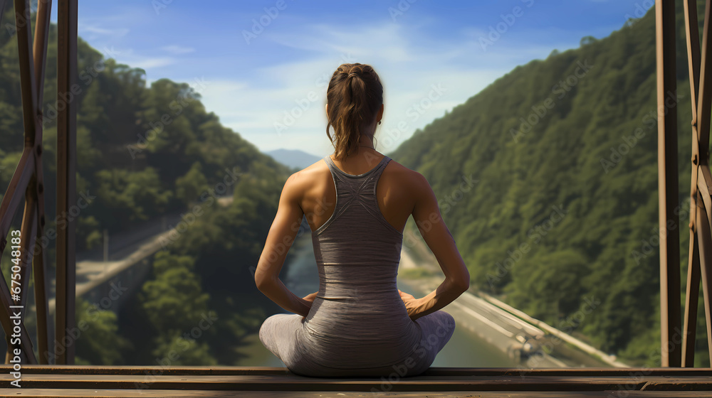 a woman Pose yoga with a river in the background