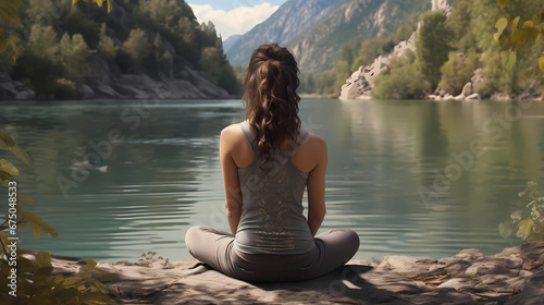 a woman Pose yoga with a river in the background