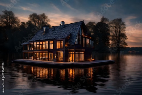 A riverfront house, its lights dancing on the water's surface at twilight. © Muhammad