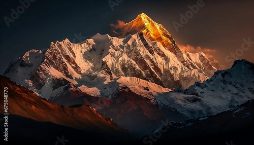 AI-generated illustration of a picturesque view of the Himalayan mountains at sunset