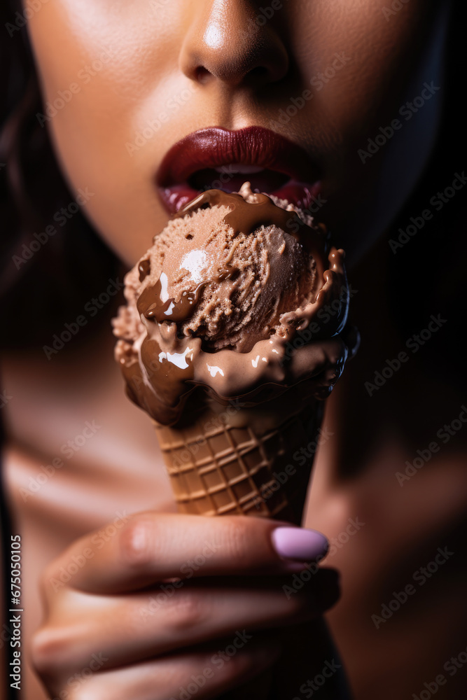 Beautiful Woman Eating Delicious Chocolate Ice Cream Close-Up