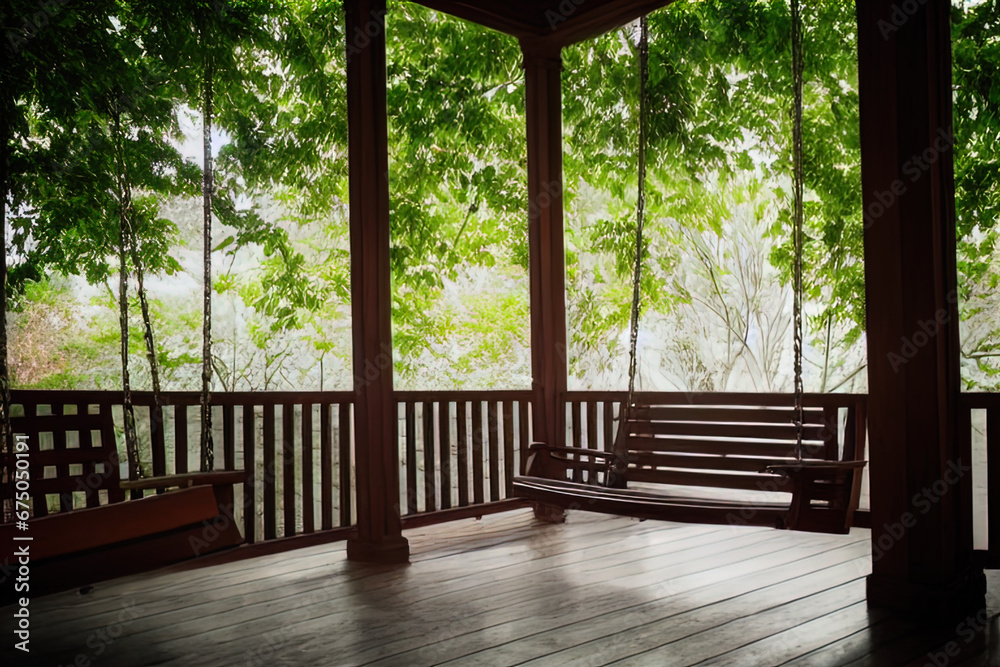 The image features a cozy wooden porch area surrounded by lush greenery. It appears to be an overcast or misty day. Four wooden posts support the structure, and between two of these poles hangs a wood
