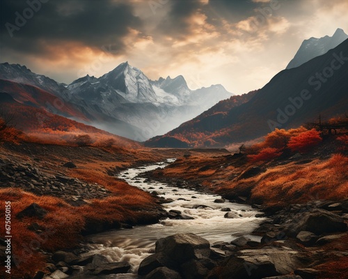 a mountain river with rocky shores and mountains in the background