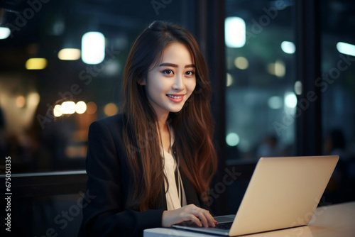 Asian office working girl with a radiant smile sits in front of her laptop computer, immersed in work, against a soothing blue turquoise background. Generative AI.