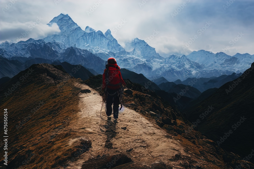 This is an image of a hiker seen from the back, walking along a narrow mountain ridge. The individual is wearing a red jacket, a beanie, and a backpack with gear strapped to it, such as what appears t