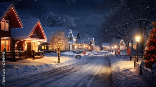 Winter village at night background © tydeline