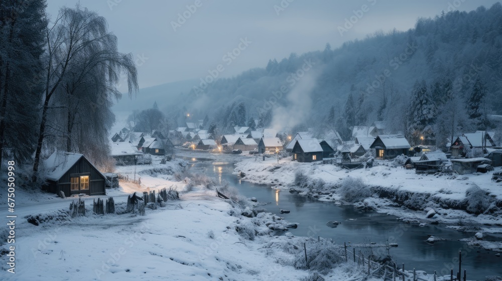 Winter village at night background
