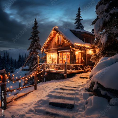 Christmas lights on a cabin on top of a snowy mountain
