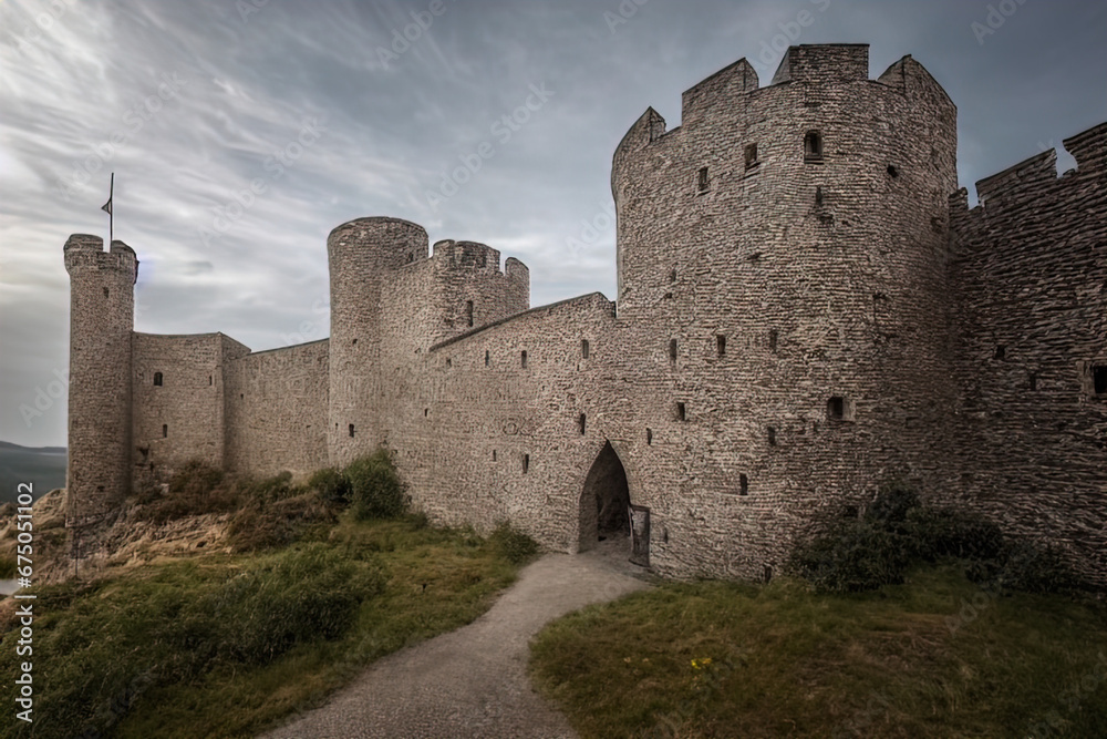 The image features a large medieval castle made of stone. The castle has several round defensive towers, battlements, and a flagpole without a flag at the top of one tower. An arched gateway serves as