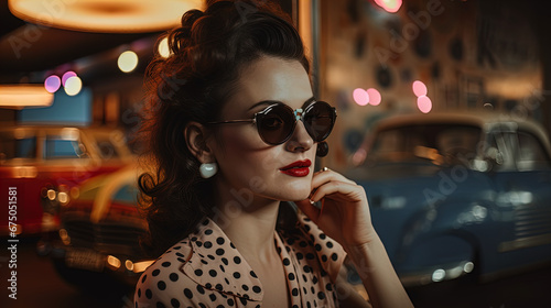 The image features a woman in a vintage setting. She has her hair styled in a mid-20th century fashion with voluminous curls, and she wears large round sunglasses with a metallic frame. Her attire sug photo