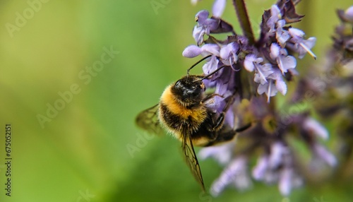 the bee is perched on a purple flower with white blossoms © Wirestock