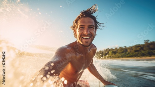 Young man playing surfboard at the sea, vacation on summer.