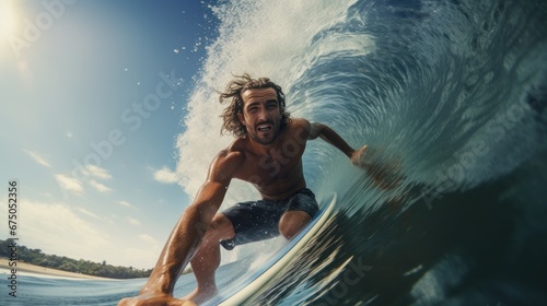 Young man playing surfboard at the sea  vacation on summer.