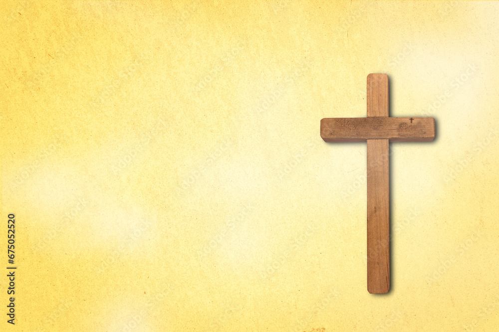 Classic wood carved a cross on the yellow gold background