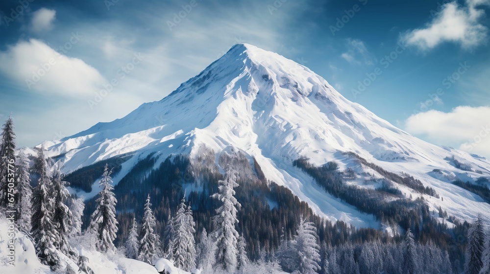 AI generated illustration of a peaceful winter landscape with a majestic mountain in the distance