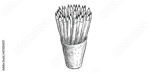 Line Art Pencil Holder Vector With Pencil Stationery On White Background.