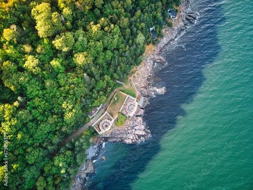 Aerial view of the York Redoubt National Historic Site near a shoreline