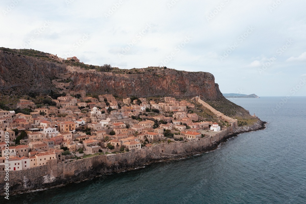 Aerial shot of houses on the hill in the old town of Monemvasia, Greece Aerial shot of houses on the hill in the old town of Monemvasia, Greece
