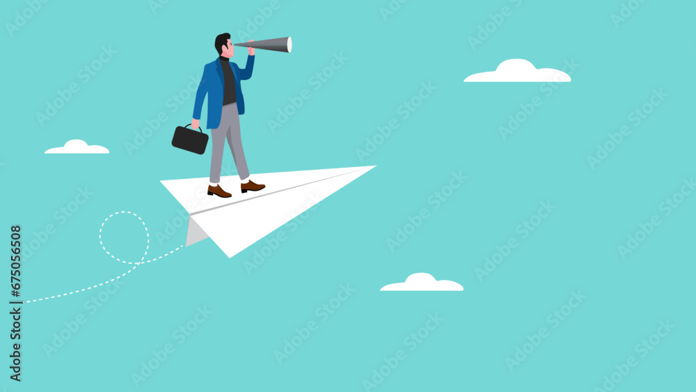 Vision to see business direction with a businessman who uses a telescope while riding a paper plane to see the next business strategy concept design, strategy to success or business objective - obrazy, fototapety, plakaty 