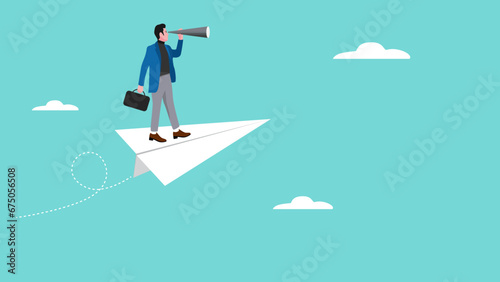 Vision to see business direction with a businessman who uses a telescope while riding a paper plane to see the next business strategy concept design, strategy to success or business objective photo
