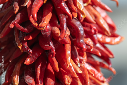 Obraz na plátně Close up detail of a red chile ristra, dried red chile peppers strung together to create a decorative display